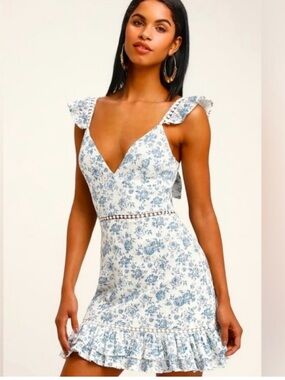 MINKPINK Blue & White Floral V-Neck Ruffle Mini Dress